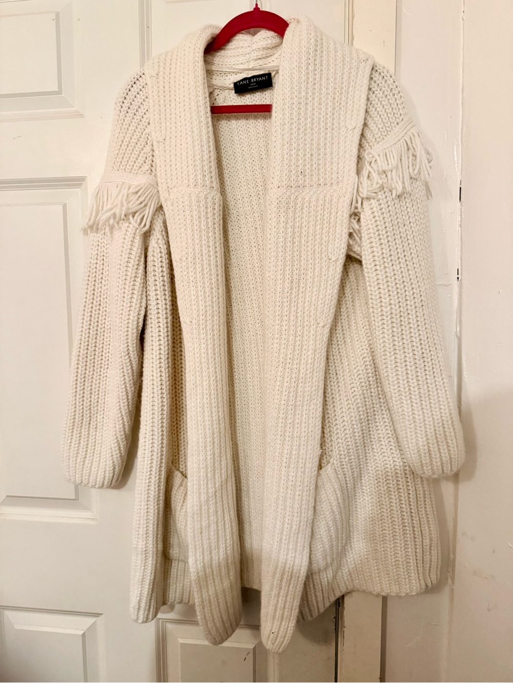 White Fringe Shawl Collar Chunky Knit Sweater Cardigan